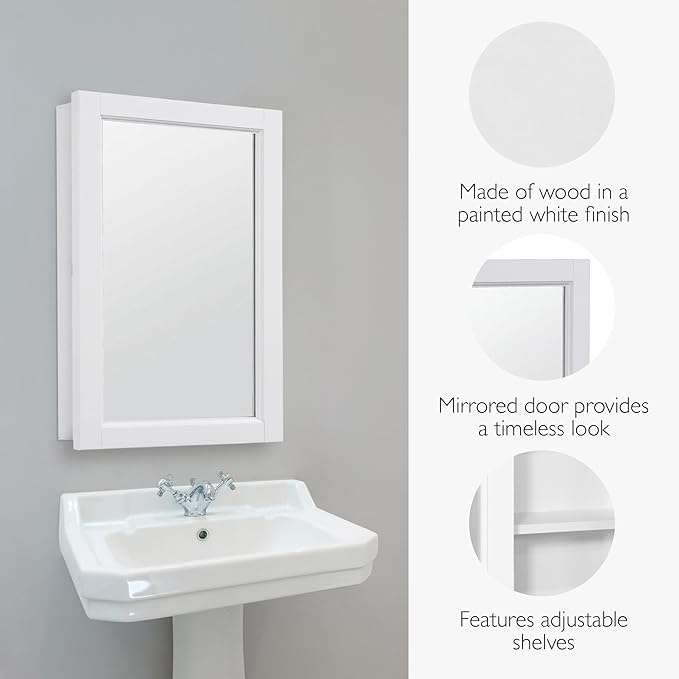 Design House Concord Medicine Cabinet, 1 Mirrored Door, Pre-Assembled, White Frame Wall Cabinet, 16 in W x 5 in D x 26 in H, 590505-WHT