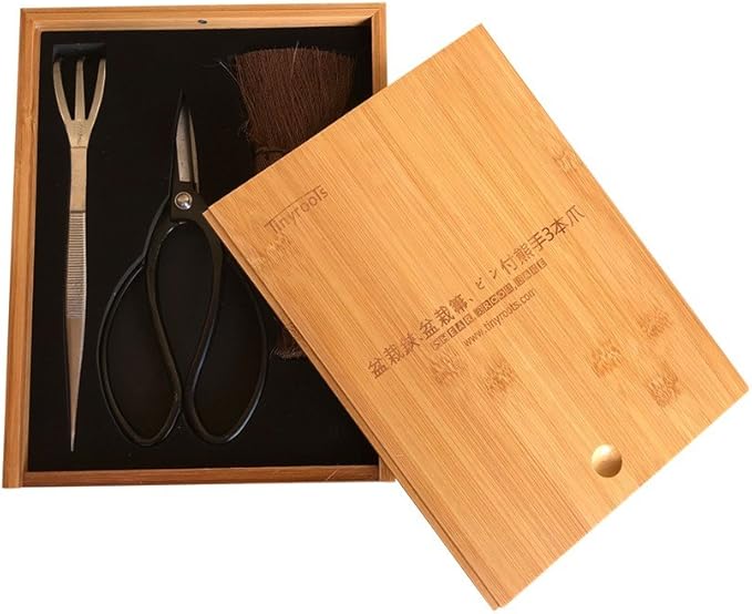 Tinyroots Bonsai Tool Kit - 3 Piece Set With Traditional Butterfly Shears, Japanese Hemp Broom, Three Pronged Rake & Bamboo Storage Case