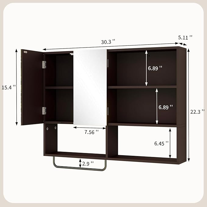 Wooden Bathroom Organizers, Over The Toilet Storage Cabinet with 2 Doors, Adjustable Shelves & Towel Bar, Wall Mounted Medicine Cabinet for Laundry with Mirror, Espresso