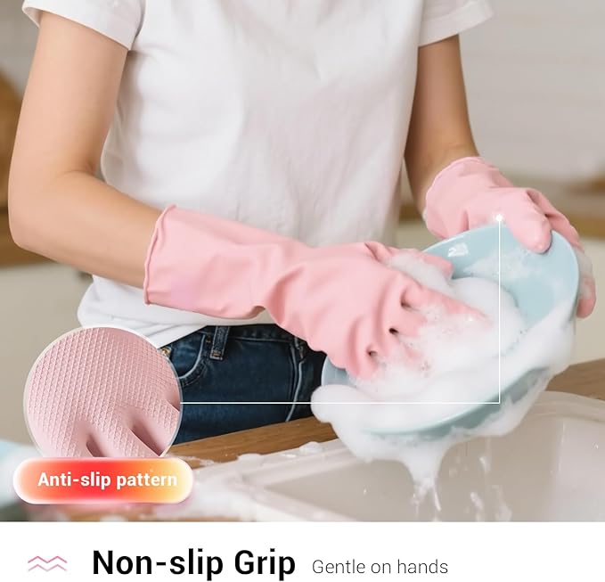ThxToms 4 Pairs Reusable Rubber Gloves, 13" Natural Latex, 10mil Thick Heavy Duty Dishwashing & Cleaning Gloves, Non-Slip Grip, Multi-Color, Ideal for Kitchen, Bathroom, Car, & Garden Cleaning, Large