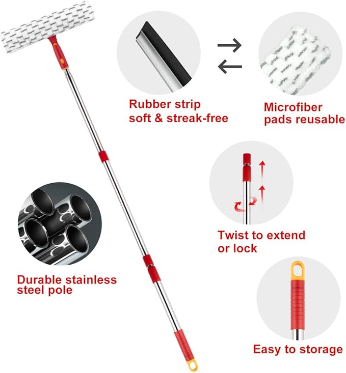 ITTAHO Squeegee for Window Cleaning, 12" Squeegee and 11" Microfiber Scrubber Combi with Stainless Steel Pole, Extendable Window Cleaner for Car, Sliding Door, Shower Glass Door-Swivel Style-2 Pads