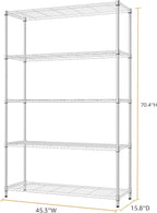 MZG 1750 lbs 5 Tier Storage Rack Metal Wire Shelving Unit, Storage Standing Household Shelf Organizer for Kitchen Pantry Closet Garage Basement Utility Room, Chrome 15.8" D x 45.3" W x 70.4" H