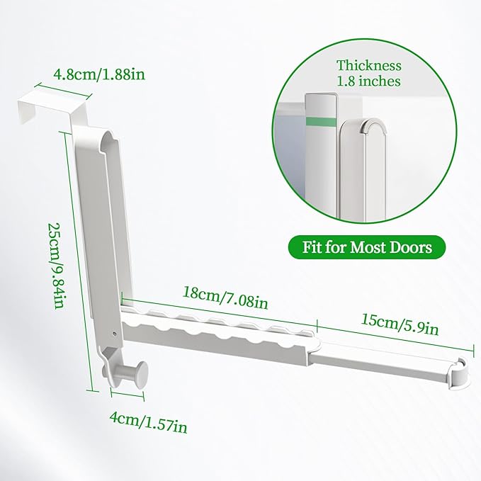 2 Pack Over The Door Hanger Folding Clothes Drying Rack,Fit Door up to 1-3/4" Optimal,Collapsible Foldable Hanging Coat Rack w/ Retractable Rod,Clothing Hanger Hook for Laundry Room (Milky White)
