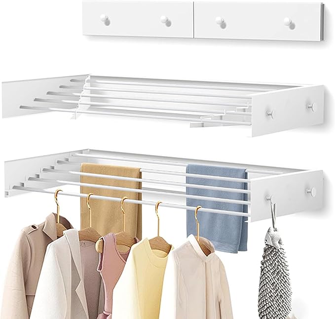 Clothes Drying Rack 31.5 inches Foldable Wall Mount Laundry Rack Folding Indoor Drying Rack Clothing Collapsible Hidden Space Saver with Wall Template 5 Rods White