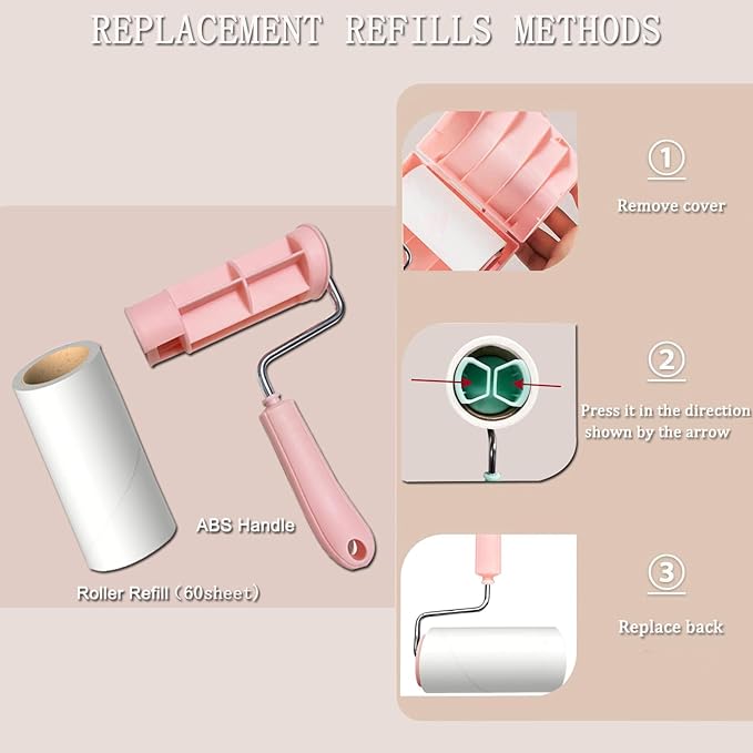 Lint Roller Remover with 180 Sheets, Pet Hair Remover Extra Sticky Roller Hair Dust Remover for Clothes, Furniture, Travel Household 1 Handle+3 Rollers Dog &Cat Hair Removal (Pink)