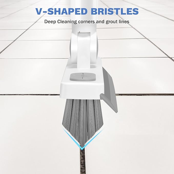 SetSail Grout Cleaner Brush with Long Handle, V-Shaped Floor Scrub Brush Swivel Grout Brush Stiff Bristle Floor Grout Scrubber for Bathroom, Tile Line, Crevice, Kitchen, Wall, Deck, Garage, White Grey