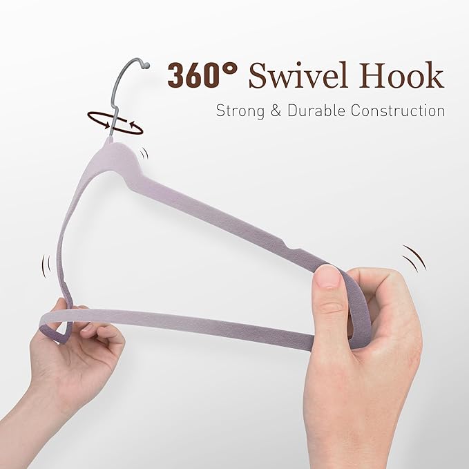 Velvet Hangers 50 Pack, Slim Non-Slip Clothes Hangers Space-Saving for Closet, Heavy Duty for Pants, Coats, Skirts, Jeans, Sweaters and More, Nylon-Flocked, Light Purple
