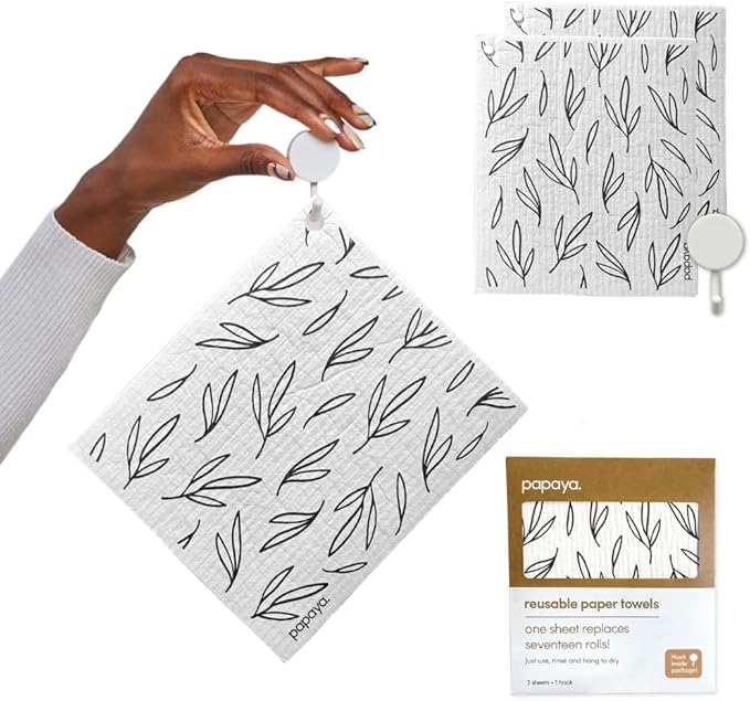 Papaya Reusable Paper Towels 2-Pack - 2 Sheets + 1 Hooks, Quick Drying, No Odor, 1 Sheet Replaces 17 Rolls, Washable Kitchen Cloth, Sustainable Dish Sponge, Eco Friendly Gift