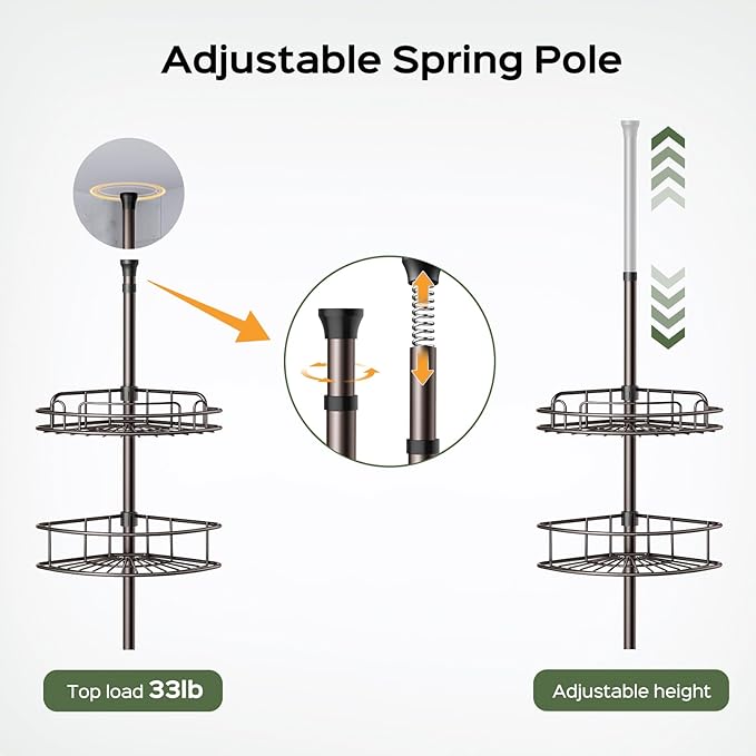 HAMITOR Corner Shower Caddy Tension Pole: 4-Tier Rust-Resistant Adjustable Bathroom Organizer Shelves - 47-121 Inch No-Drill Quick Installation - Space-Saving Storage for Renters Families - Bronze