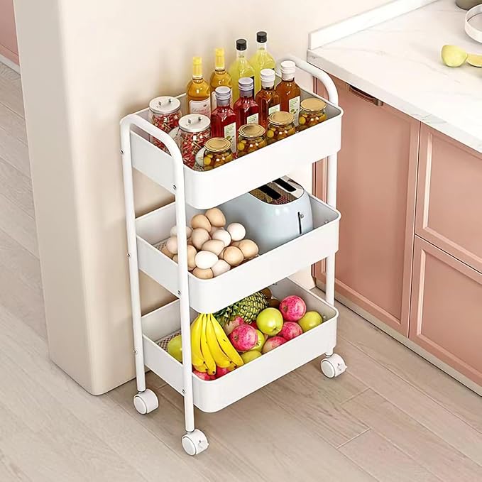 XIUSHE 3-Tier Metal Utility Cart Rolling Storage Organizer, Portable and Sturdy, Ideal for Office, Kitchen, Bathroom, Kids' Room, Classroom, White