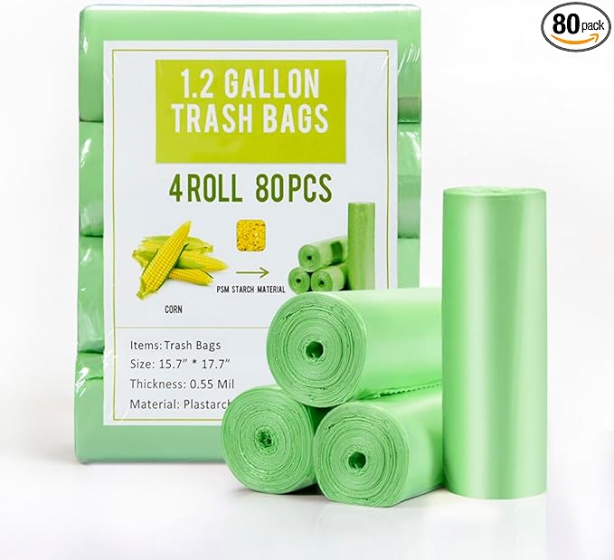 Jaoul Trash Bags 1.2 Gallon, Small Garbage Bags, Strong & Unscented Mini Trash Bags for Kitchen, Bathroom, Office, Restroom, Car, Green, 80 Counts