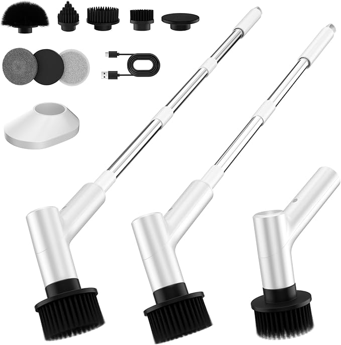 Electric Spin Scrubber, Cordless Shower Scrubber with 7 Replacement Brush Heads, IPX5 Waterproof Bathroom Scrubber with Adjustable Handle, 2 Speed Power Cleaning Brush for Cleaning