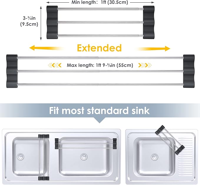 Tomorotec Adjustable Over-The-Sink Kitchen Rack for Dishcloths, Sponges, Bottles and Brushes - Heat-Resistant Stainless Steel with Slim, Expandable Design and Multifunctional Silicone Holder