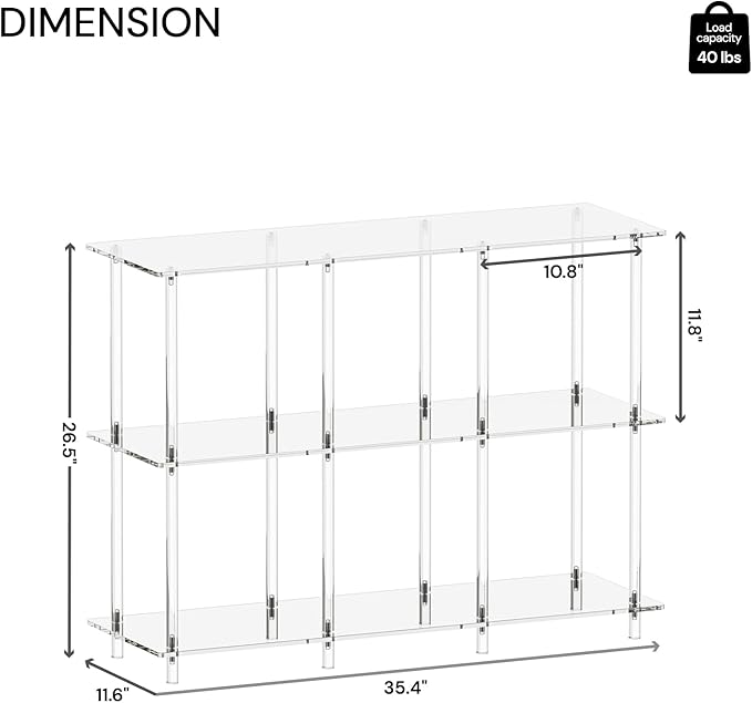 Acrylic Horizontal Bookshelf, 11.6" D x 35.4" W x 26.5" H, 3-Tier Clear 6 Cube Organizer Bookcase, Open Low Book Shelf for Home Office, Living Room, Bedroom, Modern, Easy Assembly