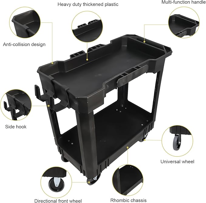 AAIN 2 Shelf Heavy Duty Plastic Utility Cart, Supports Up to 500 Pound Black Rolling Utility Cart. 34 x 17 Inch Service Cart, 4 Wheels, Ergonomic Handle Great for Warehouse,Garage, Cleaning