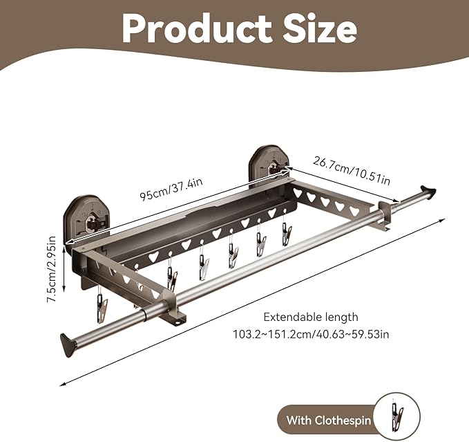 Extendable Clothing Dryer Rack, Invisible Folding Storage, Wall Mounted Drying Rack, Strong Suction Power, for Bed Linen, Clothing, Foldable Bathroom Wall Shelf (Curry Grey)