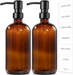 GMISUN Amber Glass Soap Dispenser, 2 Pack Bathroom Hand Soap Dispensers with Stainless Steel Pump, 17 Fl Oz Kitchen Hand and Dish Soap Dispenser Set, Modern Vintage Liquid Brown Soap Dispensers Bottle