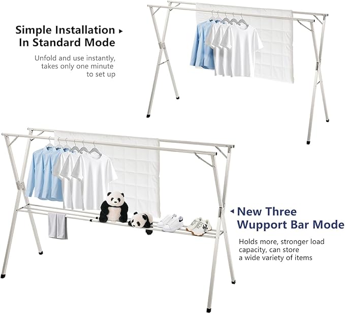 95 inches Foldable Clothes Drying Rack, Heavy Duty Stainless Steel Laundry Drying Rack for Indoor Outdoor, Clothes Rack Adjustable Length. 3 Additional Reinforcement Bars with 20 Windproof Hooks