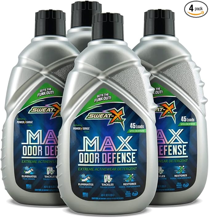 Sweat X Original Max Odor Defense Laundry Detergent – Remove the Worst Odors & Toughest Stains – High Performance Sports Wash for Training Gear & All Fabric Types – 45 Loads/Bottle – 4 Pack