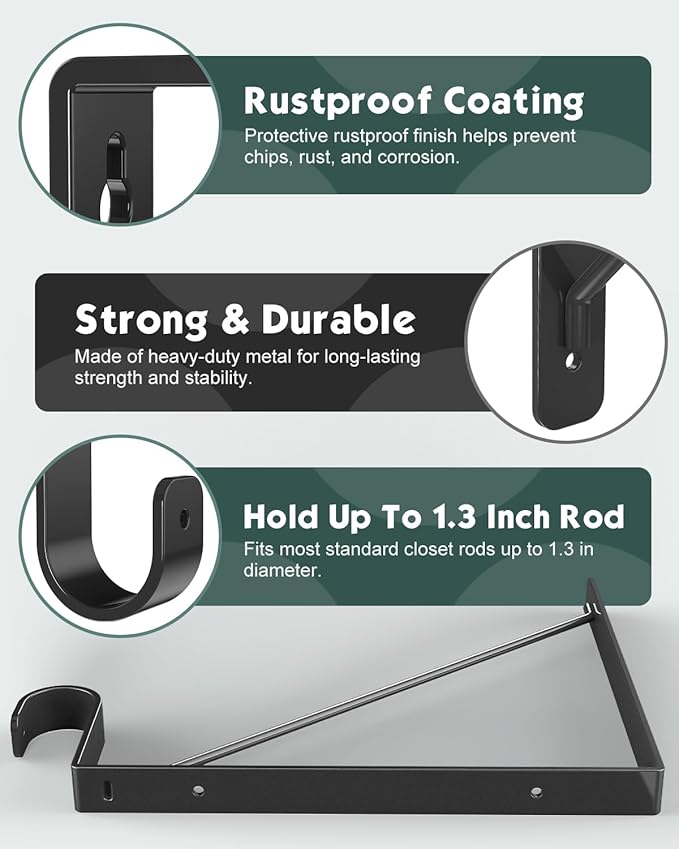 Supforce 2 Pack Closet Rod Bracket, Heavy Duty Closet Rod Support with Rod Holder, Wall Mounted Closet Shelf Brackets with Triangle Stabilizing Design for Closet, Bathroom and Kitchen, Black