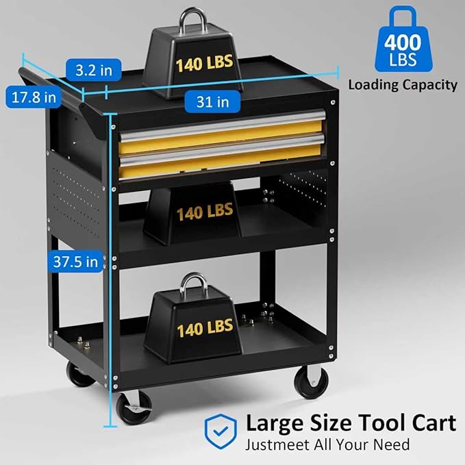 5 -Tier Heavy Duty Rolling Tool Cart on Wheels with 2 Lockable Drawers, Pegboard & Locking Wheels, 400Lbs Capacity Mobile Garage Storage Organizer for Mechanics, Workshop