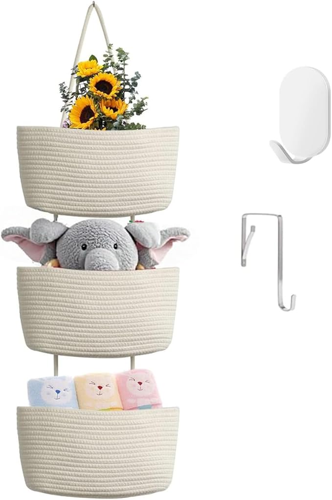 Hanging Baskets for Organizing,Bathroom Organizers and Storage,3-Tier Woven Cotton Wall-Mounted Storage Organizer Bag Decorative,Kitchen,Living Room,Bedroom