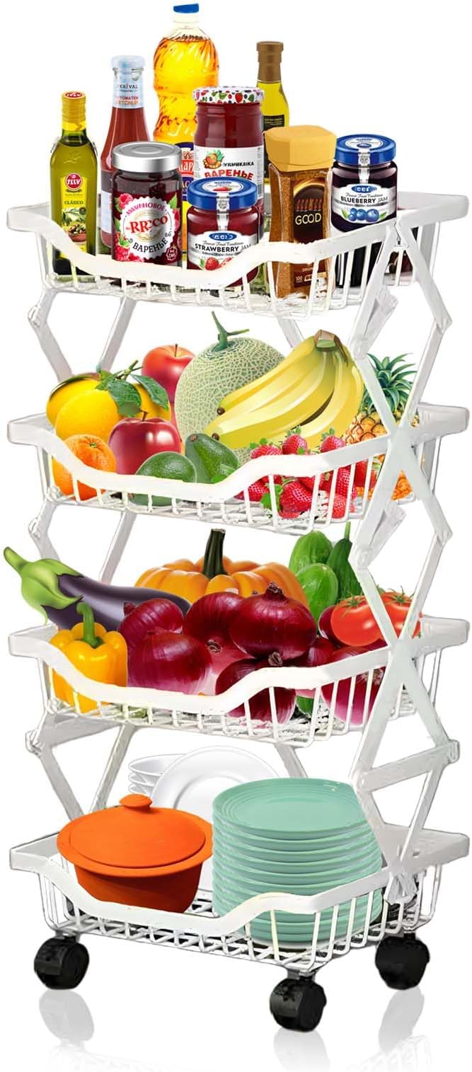 Rolling Rack Storage Cart, Foldable Metal Organizer with casters, Multi-Level Shelf for Kitchen, Office, Laundry, White 4-Tier 14.17" L x 10.71" W x 29.5" H