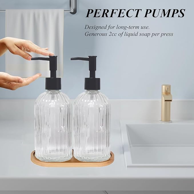 Glass Hand and Dish Soap Dispenser Set of 2 with Plastic Pumps, Bamboo Tray, 13.5oz Clear Bathroom Soap Dispenser with Vertical Stripe for Hand Wash & Dish Wash, Ideal for Bathroom Kitchen Countertop