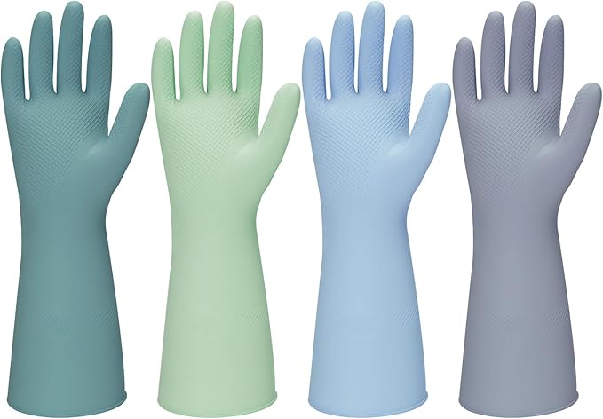 Rubber Kitchen Dishwashing Gloves - 4 Pairs Colorful Reusable Household Cleaning Gloves For Washing Dishes And Cleaning Tasks，Flexible And Durable Waterproof (Small, Dark Green+Blue+Green+Gray)