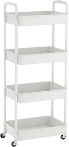 MOYIPIN 4-Tier Plastic Rolling Utility Cart with Handle,Utility Storage Cart for Office, Living Room, Kitchen,Movable Storage Organizer Shelves,White