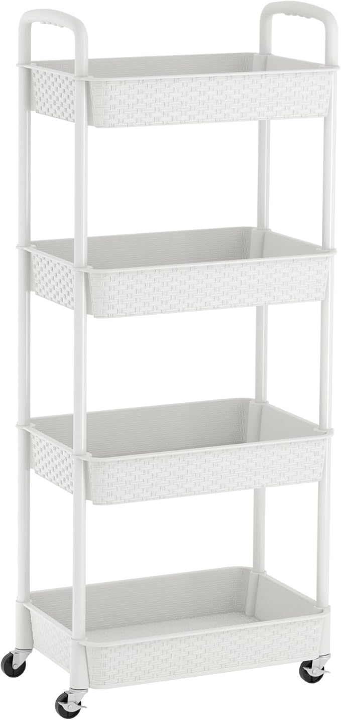 MOYIPIN 4-Tier Plastic Rolling Utility Cart with Handle,Utility Storage Cart for Office, Living Room, Kitchen,Movable Storage Organizer Shelves,White