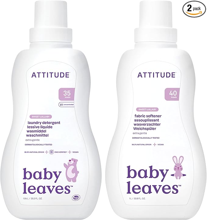 Bundle of ATTITUDE Baby Liquid Laundry Detergent and Fabric Softener, Plant and Mineral-Based, HE, Vegan Laundry Products, Sweet Lullaby, 33.8 Fl Oz