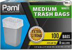 PAMI Medium 8-Gallon Trash Bags 100-Pack, White - Strong Multipurpose Plastic Wastebasket - Unscented Can Liners For Kitchen Bathroom Office-Garbage Bags, 1ft x2ft