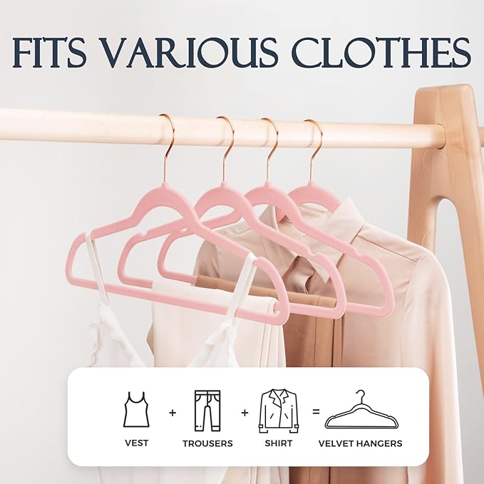 HOUSE DAY Pink Velvet Hangers 60 Pack, Premium Non-Slip Felt Clothes, Sturdy Heavy Duty Coat, Durable Hangers for Suits, Space Saving with No Hanger Mark, 360° Swivel Rotating Rose Gold Hook