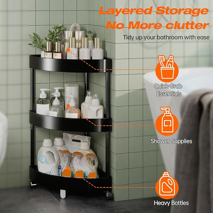 Rolling Cart with Wheels 3 Tier Bathroom Organizer Mobile Shelving Unit Utility Cart Tower Rack Multifunction Utility Storage carts, Kitchen Storage Organizer for Kitchen Laundry Narrow Places, black