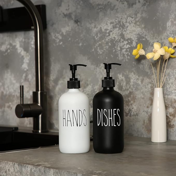 MOMEEMO Soap Dispenser Set 2 Pack, Contains Hand and Dish Soap Dispenser, Perfect for Black and White Kitchen Decor. (Black & White)