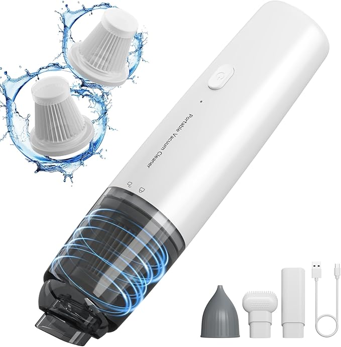 Handheld Vacuum Cordless, Car Vacuum Cleaner Portable with HEPA Filter, 2 Suction Modes, Mini Hand Held Vacuum Rechargeable for Car, Home, Pet Hair, Office, Desk, Keyboards (White)