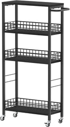 Slim Storage Cart 4 Tier Rolling Kitchen Cart Utility Serving Cart Laundry Room Narrow Cart with Handle Mobile Sheving Unit Organizer Wood Rolling Storage Cart for Bathroom Small Spaces, Modern Black