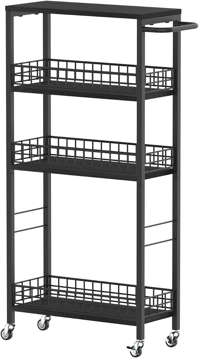 Slim Storage Cart 4 Tier Rolling Kitchen Cart Utility Serving Cart Laundry Room Narrow Cart with Handle Mobile Sheving Unit Organizer Wood Rolling Storage Cart for Bathroom Small Spaces, Modern Black