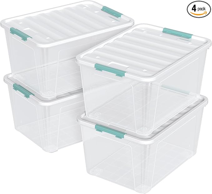 Vababa 80 L Large Plastic Storage Tote with Latch Lids, 4-Pack Clear Plastic Storage Bin with Wheels