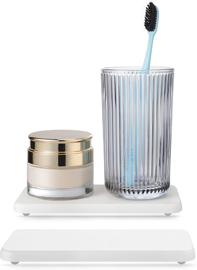 Water Absorbing Stone Tray for Sink | Quick Drying Diatomaceous Earth Coasters | Soap Dish Holder & Toothbrush Holder for Bathroom Counter | Hand Soap & Plant & Toiletries | White 2 Pack