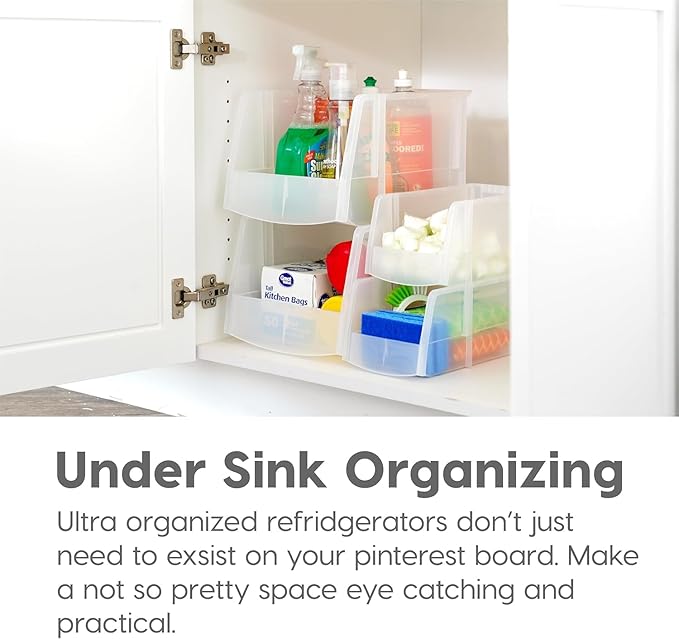 IRIS USA Clear Plastic Stackable Storage Bins, Medium - 8 Pack, Open Front Fridge Pantry Kitchen Closet Cabinet Bathroom Organizer Basket for Organizing Snack, Cans, Office Supplies, and Coffee Pods