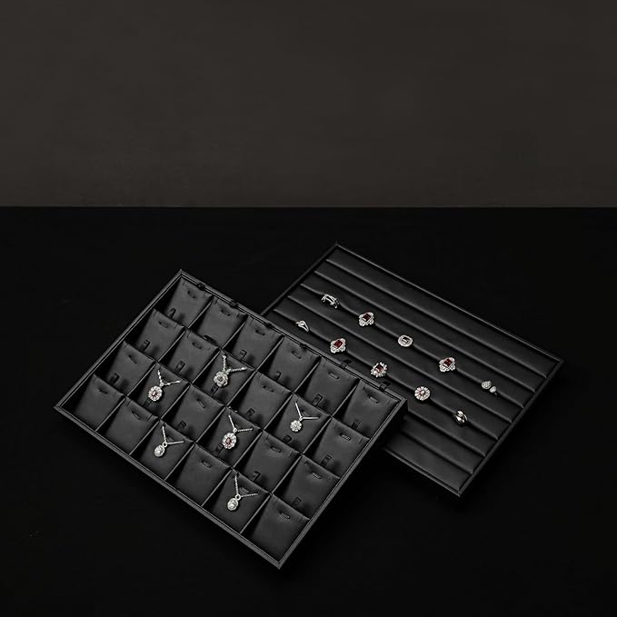 Oirlv Black Premium Leather 24 Grid Stackable Jewelry Insert Tray for Rings Organizer and Display