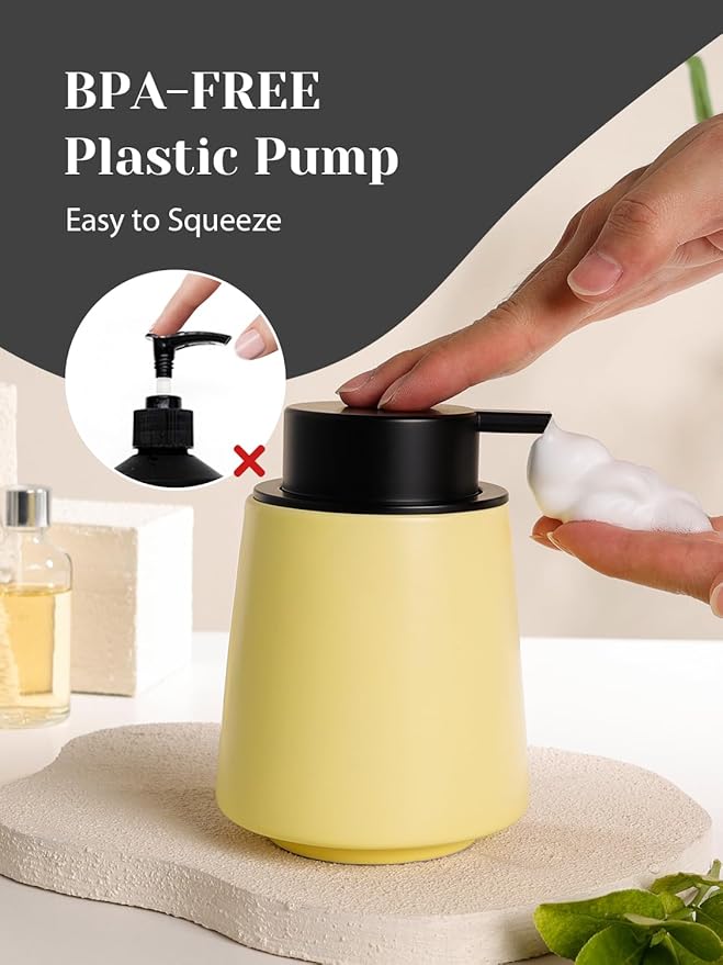 INGOFIN Ceramic Foaming Soap Dispenser -14 oz Foam Hand Soap Dispenser Bathroom, Modern Refillable Dish Wash Bottle for Kitchen with Large Pump, Matte Yellow