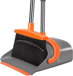 Broom and Dustpan Set for Home, Broom and Dustpan Combo for Office, Long Handle Broom with Upright Standing Dust pan,Indoor&Outdoor Sweeping (Gray&Orange)