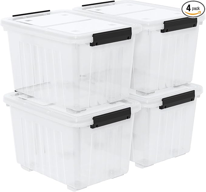 Zopnny 50 Qt Stackable Plastic Storage Bins with Lids, 4 Pack - BPA-Free, See-Through Organizing Solution, Latches, Wheels, Durable Nestable Containers, Clear