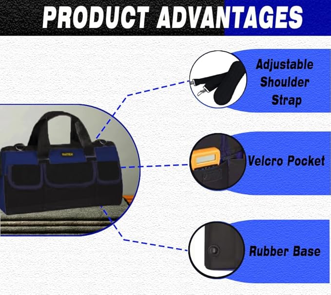 FASTECH 22 Inch Heavy Duty Tools Bag With Wide Mouth for Tool Storage, Carrier and Organizer, Tool Bag for Men/Women, Wide Mouth Tote Bag With Inside Pockets (22 Inch)