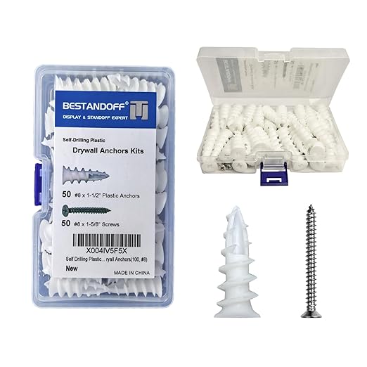 Self Drilling Plastic Drywall Anchors with Stainless Steel Screws Assortment Kit 100PCS, 50 Plastic Anchors and 50 Flat Head Screws, Dry Wall Anchors (100, #8)