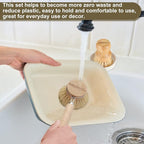 Wooden Dish Brush Set Clean Pots, Pans and Vegetable, Natural Bristles Bamboo Scrub Brushes with Ceramic Dish - 1 Long Handle Dish Brush + 2 Palm Scrubbing Brush