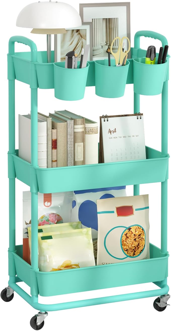 JIUYOTREE 3-Tier Plastic Rolling Storage Cart Utility Cart with Extra Hanging Cups Handles Lockable Wheels for Living Room Bathroom Kitchen Office Green